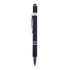 A black metal pen with a textured grip and a silver clip, featuring a logo on its body.