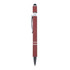 A metal pen in a rust red colour with silver detailing and a touch screen stylus tip. Features a logo.