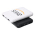 A white and black power bank featuring multiple USB ports and a logo on the front.
