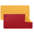 A PU leather desk mat in red and yellow, with a logo on one corner and a sleek, modern design.