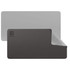 A PU leather desk mat featuring grey and black colours, with a logo in the corner and a smooth finish.
