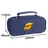A blue pencil case with compartments and a handle, featuring a logo, measuring 240mm x 110mm x 80mm.