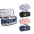 A pencil case with compartments and handle in blue, grey, black, and pink, featuring a logo on the front.