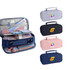 A pencil case with compartments and a handle, available in navy, grey, black, and pink, featuring a logo.
