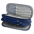 A navy pencil case with compartments and a handle, featuring a zipped opening and mesh sections inside.