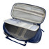 A pencil case in navy blue with compartments, a handle, and a zippered pocket, featuring a mesh organiser inside.