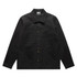 A black Canvas Chore Jacket featuring a button-up front, pockets, and a collar. It has a simple logo on the label.
