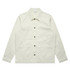 A light cream canvas chore jacket with button closures and multiple pockets, featuring a brand logo.