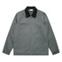 A grey canvas collar jacket with a black collar, featuring zippered and welt pockets. It has a logo tag.