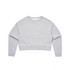 A grey cropped crew jumper with long sleeves and a ribbed hem. It features a branding logo.