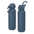 A drink bottle in a matte dark blue finish with a screw cap and a sturdy handle, featuring a logo.
