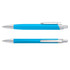 A metal pen set featuring a bright blue body with silver accents and a logo on the surface.