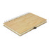 A bamboo notebook with a spiral binding and a leather strap, featuring a natural wooden finish.
