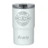 A drink bottle featuring a white design, with a black lid and a logo on the front. It is a vacuum tumbler and cooler.