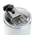 A drink bottle featuring a white exterior and a clear, black-lidded opening. It has a logo displayed.