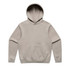A beige hoodie featuring a front pocket and a drawstring hood. It has a simple design with a logo.