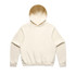 A cream hoodie with a spacious hood and relaxed fit, featuring a ribbed waistband and cuffs. Includes a logo.