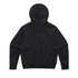 A black jumper featuring a hood and a fitted waistband at the bottom, with a plain back design.