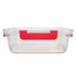 A clear lunch box with red accents and a secure lid, suitable for storing food items.