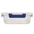 A clear lunch box with a navy blue handle, featuring a secure lid. Ideal for food storage.