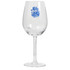 A clear wine glass with a long stem, featuring blue text and a printed design.