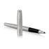 A brushed stainless steel rollerball pen from Parker, featuring a sleek design and a black writing tip.