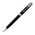 A ballpoint pen in matte black with silver accents and a clip, featuring a logo on its body.