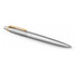 A metal ballpoint pen in brushed stainless steel with a gold-tone clip, featuring a sleek and modern design.