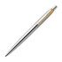 A metal ballpoint pen in brushed stainless steel with a gold-tone clip and detailing. It features a branding logo.