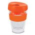 A drink bottle featuring a clear design with an orange lid and band, holding 330ml. It has a logo on the surface.