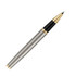 A rollerball pen in brushed stainless steel with gold accents and a black grip. Features a logo on the barrel.