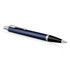 A metal ballpoint pen in matte blue, featuring a silver clip and accents, with branding on the barrel.