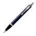 A matte blue ballpoint pen with silver accents and a branding logo on the side.