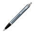A ballpoint pen in blue-grey stainless steel with a chrome clip and end tip. It features a branded logo.
