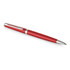 A metal ballpoint pen in comet red with silver accents and a clip, featuring a logo on the body.