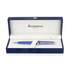 A bright blue ballpoint pen displayed in a navy box. The interior features a soft lining and a logo.