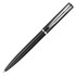 A black metal ballpoint pen with chrome accents and a logo on the clip.