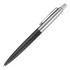 A metal ballpoint pen with a matte black body and a silver clip, featuring a branding logo.