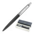 A ballpoint pen featuring a matte black finish and metallic detailing, presented in a two-tone box with a logo.
