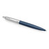 A ballpoint pen in matte blue with a silver accent and a logo on the clip.