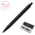 A metal ballpoint pen in achromatic matte black, presented in a sleek gift box with branding.
