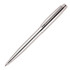A silver metal ballpoint pen with a sleek design and a clip, featuring a branding logo.