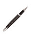 A rollerball pen with a black body, silver accents, and a textured grip, featuring a logo.