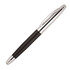 A metal rollerball pen with a black grip and silver accents. It features a branding logo.
