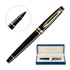 A rollerball pen in lacquer black with gold trim, displayed with an elegant blue and white box featuring branding.