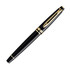 A rollerball pen in lacquer black with gold trim, featuring a branding logo.