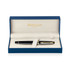 A black lacquer rollerball pen displayed in a blue gift box, featuring a gold accent and a branding logo.