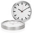 A wall clock in 40cm size featuring a sleek aluminium frame, white face, black hour markers, and red second hand.