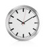 A round wall clock in aluminium with a white face, black hour markers, and red second hand.