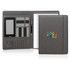 A grey executive folder featuring a notepad, pen, multiple pockets, and a logo on the front.